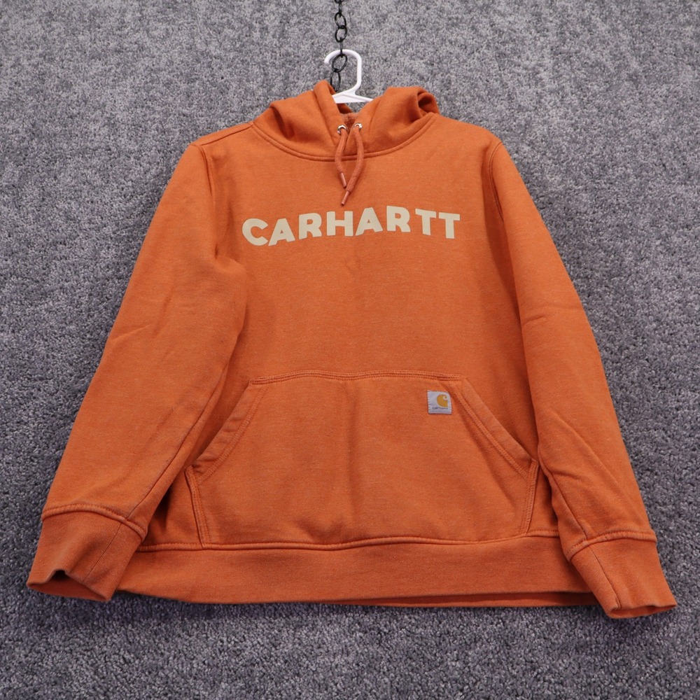 Carhartt Hoodie Womens Extra Large Orange Relaxed Fit Graphic Logo Pullover